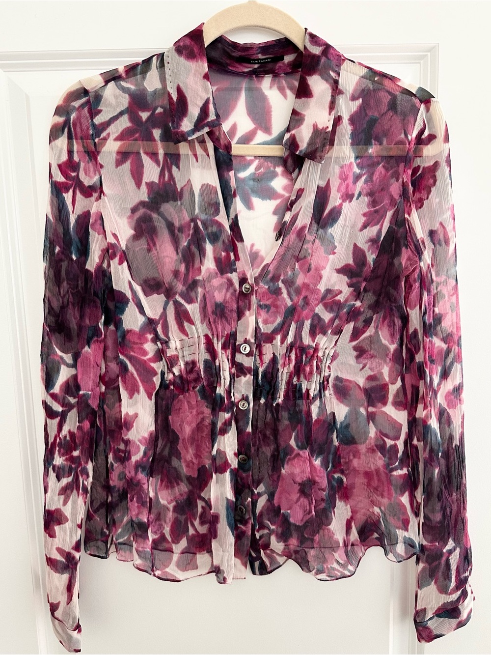 Elie Tahari Silk Floral Sheer Button-Front Blouse in Plum & White